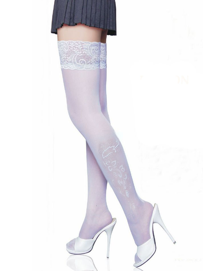 Lace Decorated Flower Printing Stockings